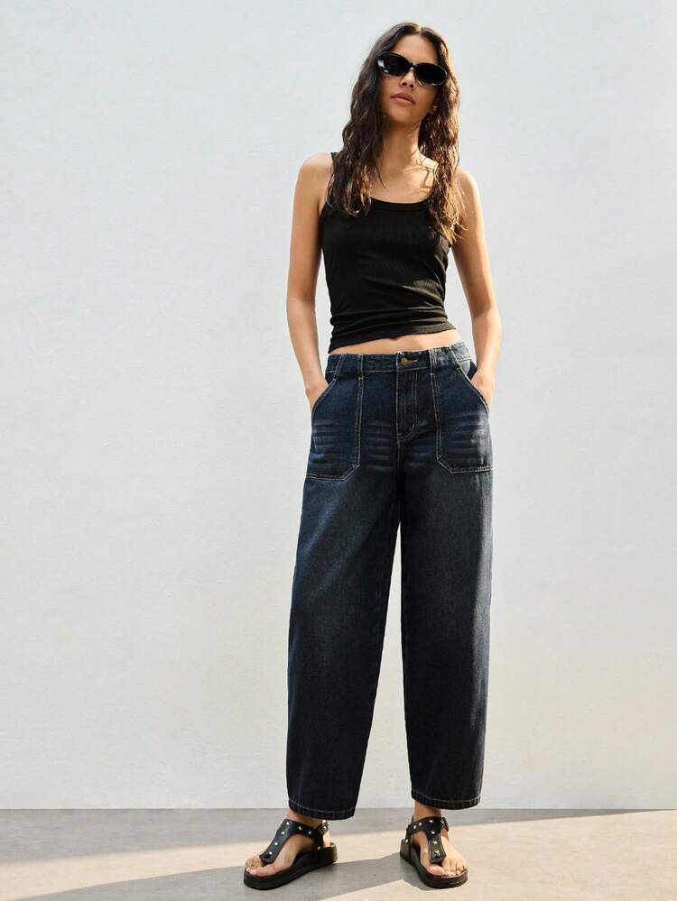 SHEIN Maija Raw Denim Jeans, Balloon Cut, Sickle Cut Jeans,Retro Low-Rise Banana Pants With Pockets