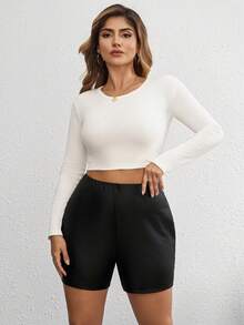 SHEIN Tall CURVE Plus Size Street Style Black Tight PU Female Shorts Booty Shorts - Black - View 5