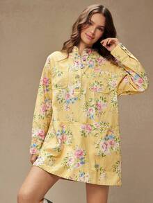 WESTFADE High Neck Button Front Long Sleeve 100% Cotton Denim Flower Print Mini Jean Dress Boho Clothes, Fall, Autumnm Winter, Country Concert Outfit - Multicolor - View 2