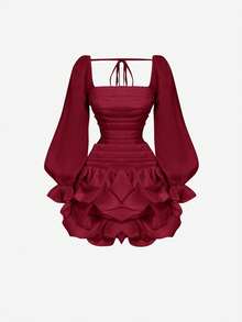 SHEIN MOD 女士杏色修身褶皱泡泡下摆欧根纱迷你连衣裙，情人节，女士夏季连衣裙，白色毕业礼服 - 紅色 - 查看 3