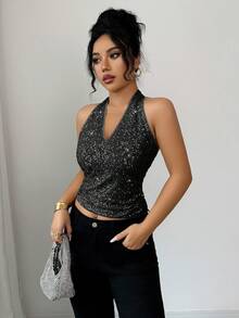 Elenzga Áo hai dây hở lưng cổ chữ V đính sequin lấp lánh cỡ lớn có khoét lưng, trang trí vòng kim loại, phong cách tối giản thanh lịch kiểu Pháp, thích hợp cho Halloween, Giáng sinh, Lễ tạ ơn, Trà chiều, Tiệc tùng, Những dịp bán trang trọng, Thu/Đông - màu đen - Xem 5