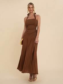 COSMINA Women's Elegant Pleated Halter Dress,Shades Of Brown Summer Sundress For Party,Long Earth Tone Wedding Guest Gown,Suitable For Dates And Gatherings - Rust Brown - View 3