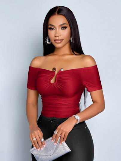 SOLERSUN Camiseta ajustada de mujer de unicolor con hombros descubiertos, manga corta y pliegues