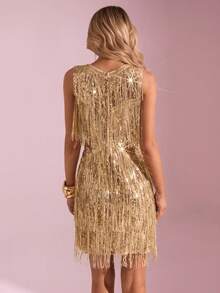 SHEIN Glamour Đầm ngắn màu vàng kim đính sequin, có tua rua và khóa kéo phía sau, phù hợp cho các dịp tựu trường, dạ hội, đêm giao thừa, ngày Valentine, lễ kỷ niệm ngày Quốc khánh 4 tháng 7 và các bữa tiệc cocktail. - Vàng - Xem 8