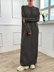 EURMUSE Autumn/Winter Casual Solid Color Lantern Sleeve Dropped Shoulder Loose Long Sweater Dress - Dark Grey - View 3