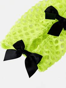 SHEIN 少女休闲甜美钩编网纱蝴蝶结装饰长袖上衣和针织修身拼接荷叶边南瓜下摆连衣裙两件套，时尚街头风 - 芥末黃 - 查看 13