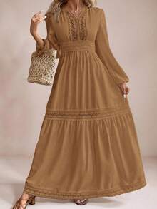 Freevana Plus Size Solid Color Lace Patchwork Ruffle Hem Long Sleeve Dress - Khaki - View 1