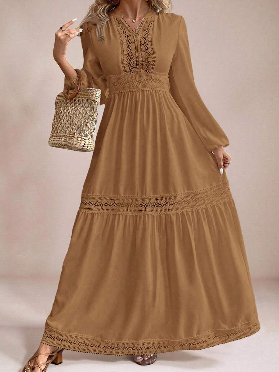 Freevana Plus Size Solid Color Lace Patchwork Ruffle Hem Long Sleeve Dress - Khaki - View 1