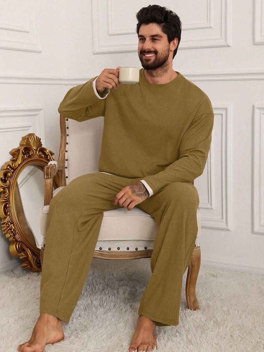 DAZY Set de lenjerie de casă pentru bărbați, din material texturat, galben muștar, solid, toamnă - Galben muștar - Vizualizare 1