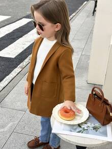 SHEIN Elladie kids Young Girl Shawl Collar Pocket Patched Open Front Overcoat