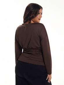 Solavibe Plus Size Women's Brown Knitted Batwing Sleeve Boat Neck Top,Autumn Smart Casual Solid Color Minimalist Long Sleeve Everyday Casual Wear Curve Top - Brown - View 2