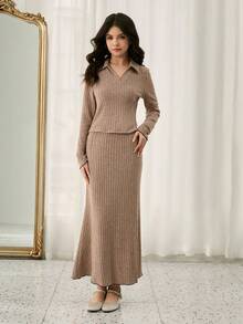 Teen Girl Elegant V-Neck Long Sleeve Dress,Mermaid Silhouette Maxi Khaki Ribbed Knit Brown,Autumn,Casual,Holiday Color Blocking Design On Hem,Spring - Khaki - View 4
