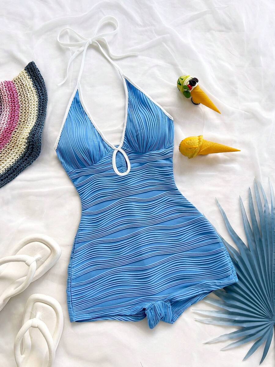 Soleia 女士休闲度假新款V领露背系带蝴蝶结镂空黑白撞色滚边修身罗纹连体裤，适合派对、约会、下午茶、海滩等多种场合。 - 藍色 - 查看 1