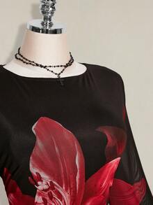 SHEIN ICON Váy thu cỡ lớn cho nữ, Váy dài tay cho nữ, Váy lễ hội tay kèn lưới hoa lớn cổ điển Y2k mặc hàng ngày - Đỏ - Xem 6