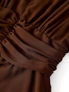 Ellevyn 女士优雅超长蛋糕裙连衣裙，V领松紧腰女神裙，适合派对和活动，秋冬季，棕色 - 棕色 - 查看 5