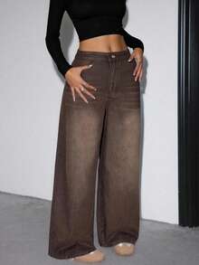 SHEIN ICON ICON Women's Loose Straight Leg Blue Denim Jeans,Wide Leg Women Pants,Baggy Women Pants,Women Jeans Pants - Brown - View 5