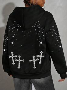 Rovax 女式哥特式十字星印花连帽运动衫配拉链夹克，休闲简约时尚运动衫 - 彩色 - 查看 2