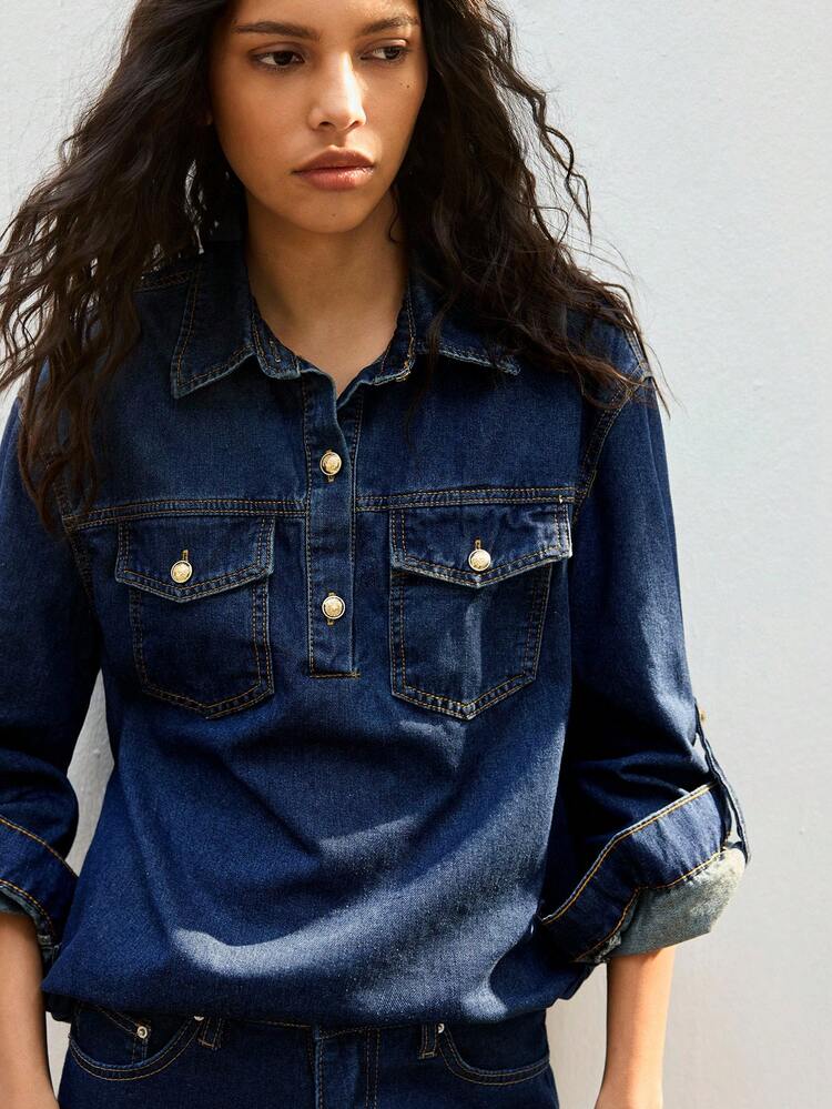 SHEIN Maija Women's Raw Denim Long-Sleeved Shirt With Gold Metal Buttons Autumn/Winter Old Money Style Casual For Women