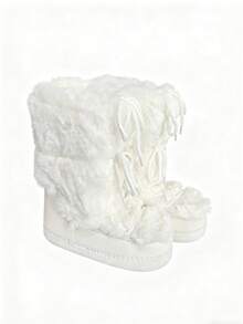 CUCCOO SZL Women's Warm Lace-Up Moon Boots With Bow Tie, Round Toe Flat Casual Sweet & Sexy Style Faux Fur White Snow Boots For Outdoor Wear, Autumn/Winter