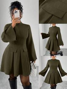 Elenzga Plus Size Women's Solid Color Stand Collar Lantern Sleeve Ruffle Hem Elegant Mini Dress, Faux Pocket Chic Blazer Dress - Army Green - View 4