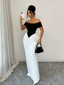 Elenzga Elegante vestido con contraste de color negro y blanco, hombros descubiertos y cintura ceñida - Blanco y Negro - Ver 5