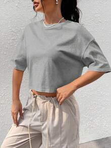 Comfortcana Light Gray Solid Color Dropped Shoulder Casual Plus Size T-Shirt - Light Grey - View 10
