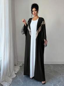 SHEIN Najma Loose Fit Abaya With Fringe Cuffs, Bell Sleeves, Sequin Embroidery And Ribbon Trim