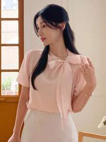 DAZY Women's Elegant Solid Color Bow Tie Short Sleeve Blouse Summer - Pink - View 2