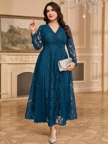 Modelyn Plus Size Solid Color Lace Patchwork V-Neck Elegant Long Sleeve Dress Fall - Teal Blue - View 6