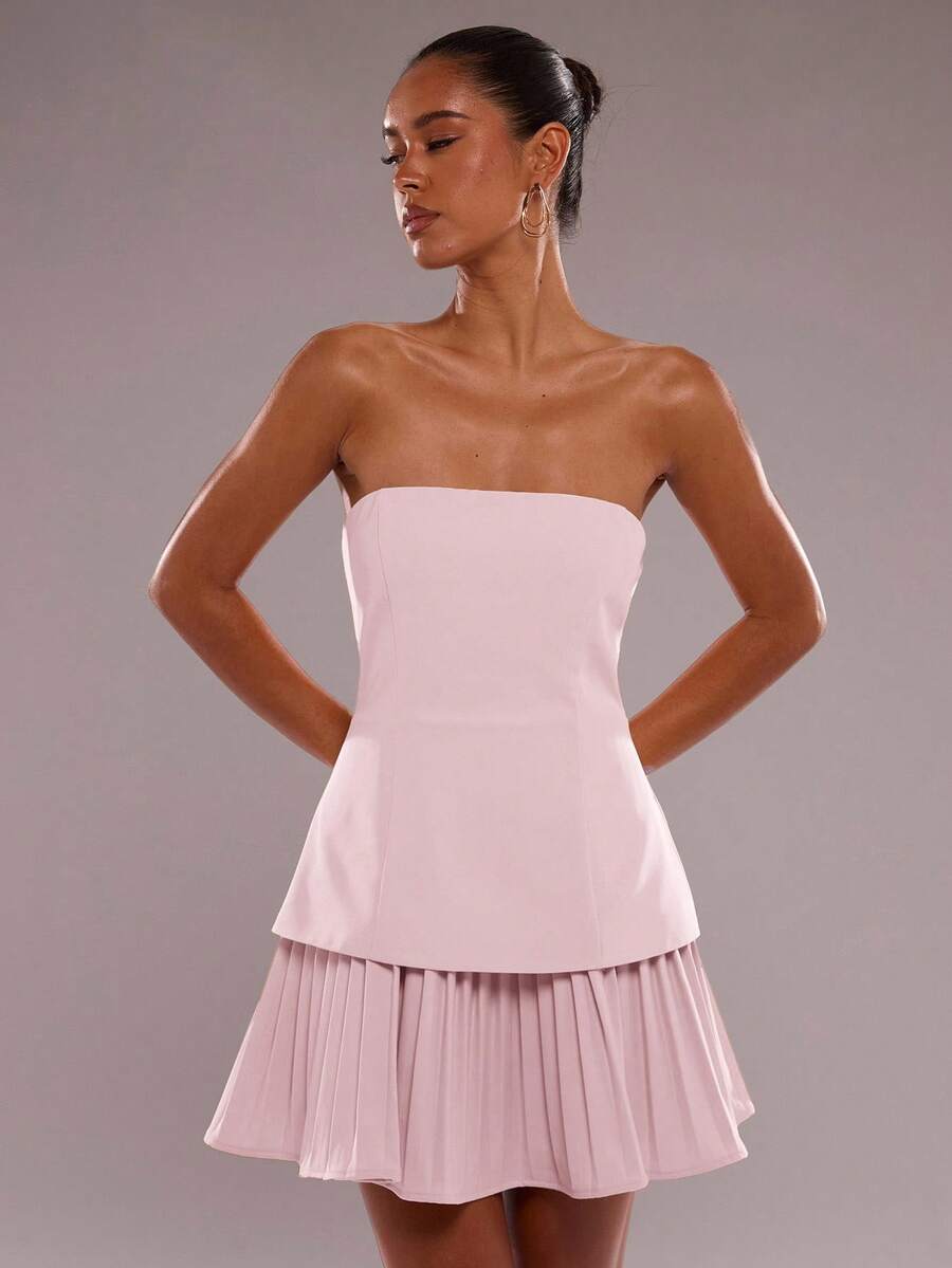 SHEIN BAE 女士纯色层叠荷叶边无袖连衣裙 - 淺粉色 - 查看 1