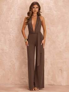 SHEIN BAE 夏季海滩度假紧身性感深V打结连体裤，适合日常约会、夜店、派对、聚会、鸡尾酒会、泳池派对、返校季服装、学期服装、节日服装、音乐节服装、乡村音乐节服装、演唱会服装 - 棕色 - 查看 3