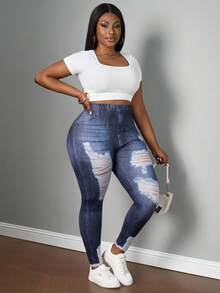 SHEIN PETITE CURVE Plus Size Casual Retro Loose Denim Print Pattern Leggings, Suitable For Autumn/Winter - Blue - View 6