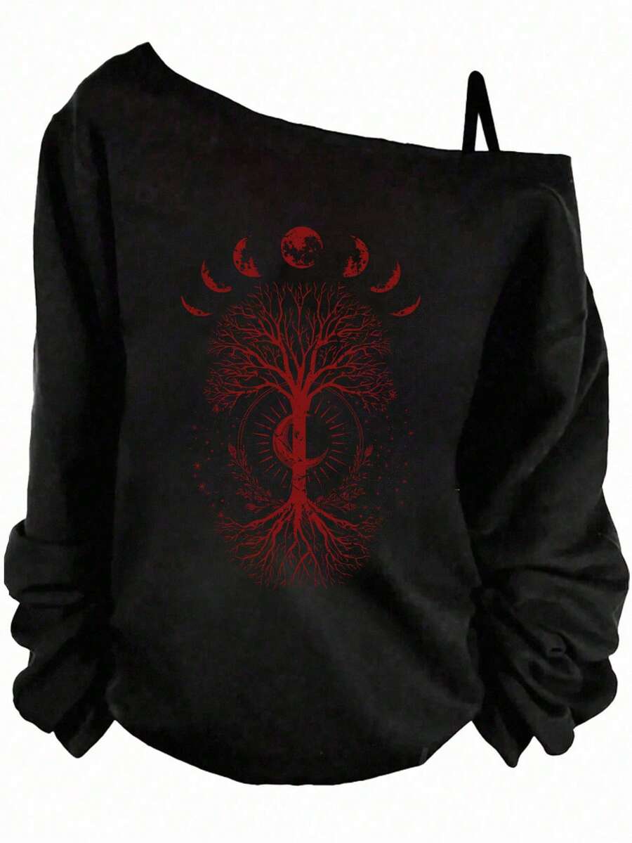 SHEIN Essnce Casual Minimalist Moon & Tree Print Dropped Shoulder Long Sleeve Women T-Shirt,Graphic Tees - Black - View 1