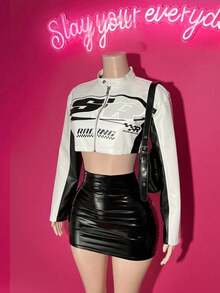 Slaydiva Autumn And Winter Casual Street Motorcycle Style Round Neck Long-Sleeved Off-Shoulder Ultra-Cut Black And Red PU Women's Jacket Y2k