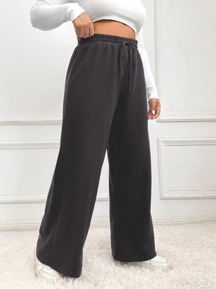 SHEIN EZwear 大码女式休闲抽绳腰宽松阔腿运动裤,纯色,适合日常通勤 - 深灰色 - 查看 1