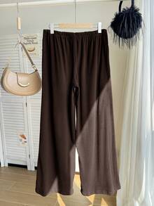 SHEIN EZwear 加大码棕色毛绒保暖舒适休闲抽绳宽松裤 - 棕色 - 查看 8