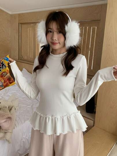 K-Vae Women's Casual Everyday Commute Simple Solid Color Lettuce Trim Peplum Hem Tee, Spring/Autumn