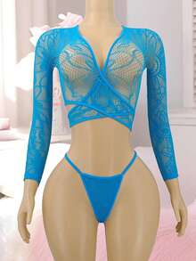 PetitDoll 4pcs/Set Women's Sexy Lingerie Set, Includes Mesh Bodysuit And Stockings, Magenta Fish Net Lingerie Blue Bra And Panty Set Butterfly Lingerie Set Lingerie Teddy Baby Blue Lingerie Set - Blue - View 5