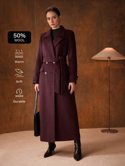 MOTF PREMIUM AUTUMN/WINTER LAPEL COLLAR DOUBLE BREASTED PLACKET BELTED FITTED LONG OVERCOAT