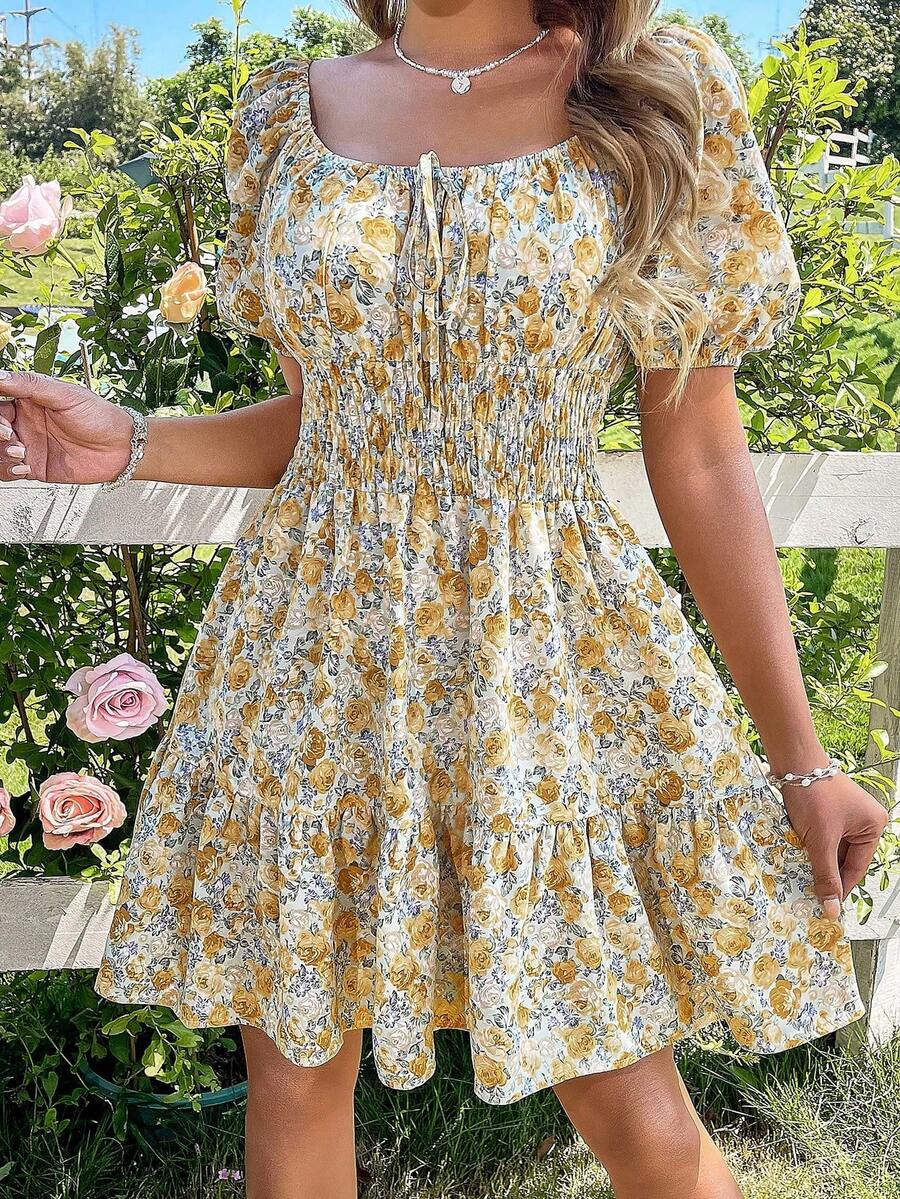 Breezaya Vestido elegante de cuello cuadrado con mangas abullonadas y estampado floral diminuto - Amarillo - Ver 1