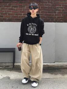 DAZY 弹性腰带和膝盖双折边设计米色男士长裤，秋季款 - 米色 - 查看 3