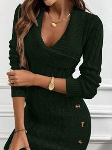 EMERY ROSE Collared Knit Long Sleeve Comfortable Sweater Dress - Dark Green - View 6