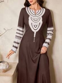 Al Najma Style Women V-Neck Striped Long Sleeve Casual Arabic Dress Kaftan Jalabiya Dress - Brown - View 1