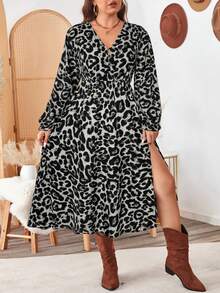 SHEIN LUNE 大码秋季女装豹纹V领长袖优雅开衩连衣裙，秋冬/感恩节女装/万圣节服装/长款女装/秋季曲线感恩节服装/节日服装/节日派对连衣裙/大码豹纹连衣裙/猎豹纹连衣裙/长袖中长连衣裙/秋季女装/中长连衣裙/动物纹连衣裙/豹纹中长连衣裙 - 灰色 - 查看 4