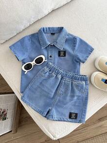 LMoss Kids 2件套婴儿/幼儿男童牛仔休闲短袖衬衫和短裤套装 - 淺色水洗藍 - 查看 6
