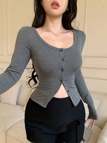DAZY Camiseta casual de manga larga de un solo pecho y ajustada de unicolor para mujer Y2K - Gris Oscuro - Ver 5