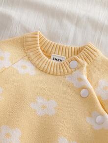SHEIN Neugeborenen Baby Rundhals Pullover mit Blumenmuster und elastischer Taille Strickjose Freizeitoutfit, Herbst/Winter - Gelb - Übersicht 5