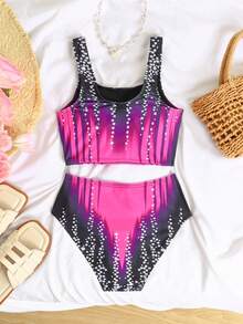 SHEIN Tween Girls' Casual Tie-Dye Faux Sequins Print Camisole & Triangle Bikini Swimsuit Set, Suitable For Summer - Hot Pink - View 3