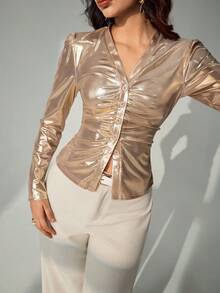 Lyxana Women V-Neck Button Front Long Sleeve T-Shirt - Champagne - View 7