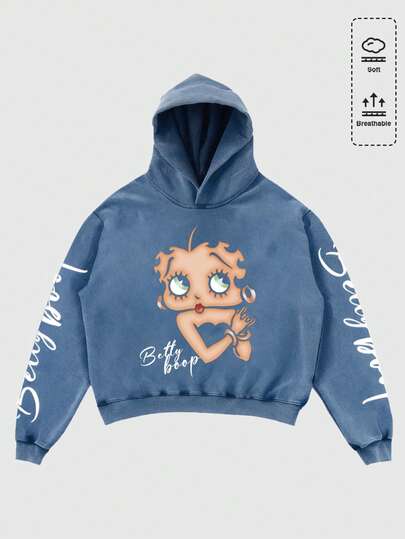 Betty Boop | ROMWE Felpa con cappuccio oversize da uomo con grafica di lettere e numeri lavati